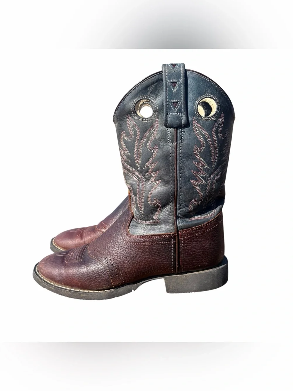 OLD WEST YOUTH LEATHER COWBOY BOOTS | SIZE 3.5 (035) | TWO-TONE BROWN & GREEN